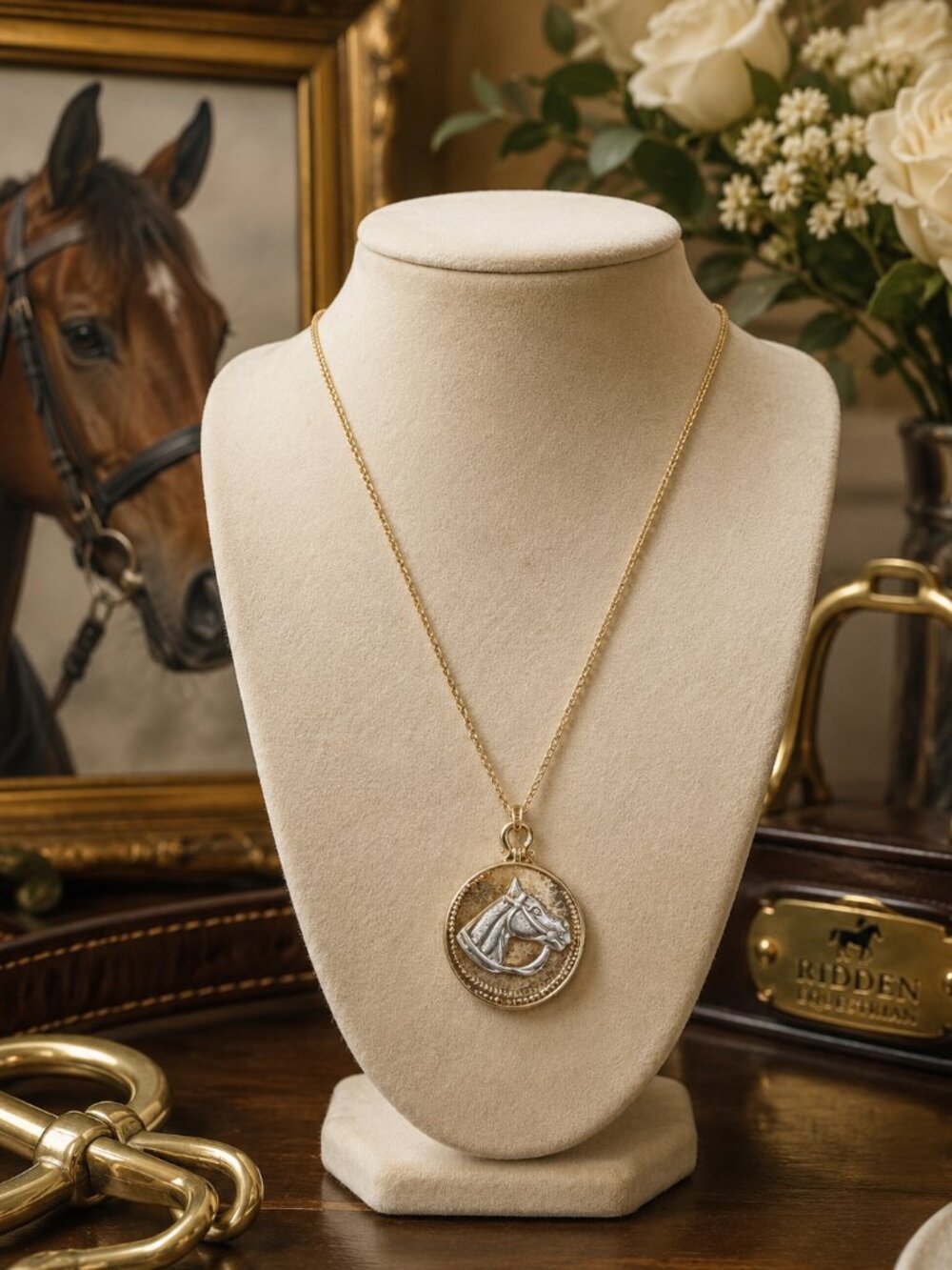 Two-Tone Horse Head Medallion Necklace, Gold and Silver Equestrian Pendant, Hors